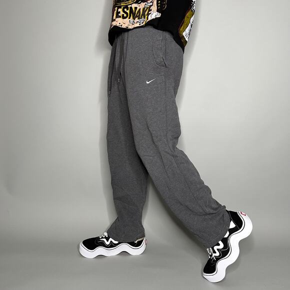 Nike Sweatpants Dark Grey Cotton Baggy Fit White Swoosh - Picture 1 of 5